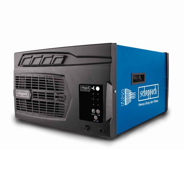 Scheppach Heavy Duty Air Filter, featuring controls for speed and time, including an on/off switch.